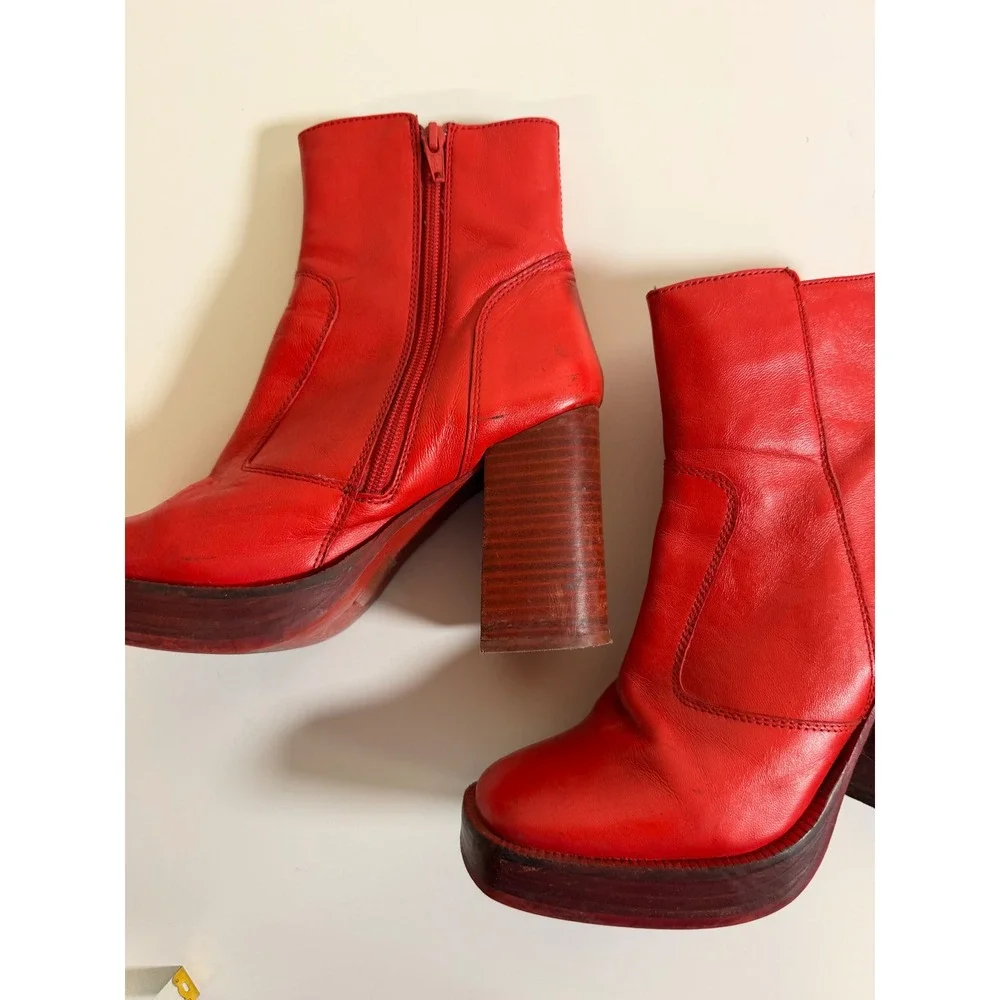 Nasty Gal Platform Ankle Boots Womens 5 Red Excellent Leather Square Toe Block‎